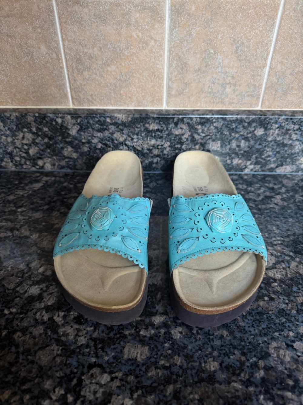 Women's Turquoise Slide Sandals with Decorative Cutouts